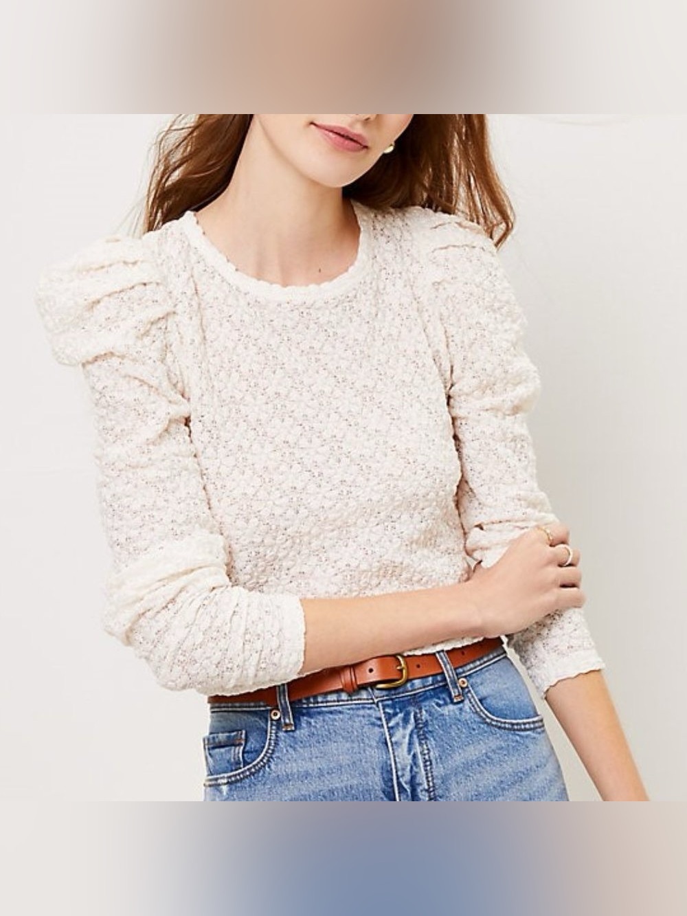 Loft Lace Pleated Puff Sleeve Top Dainty Cream Long Sleeve Blouse Womens Medium - Picture 1 of 8